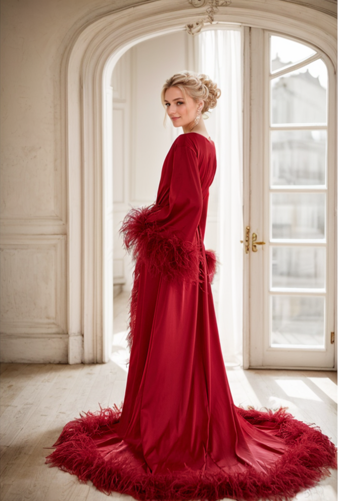 Luxury Thick Ostrich Feather Floor-Length Satin Robe with Train – Elegant Bridal Loungewear