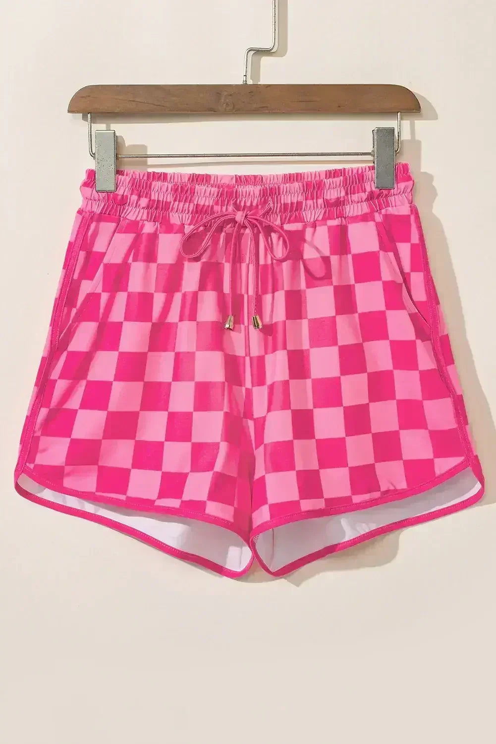 Black Checkered Drawstring Elastic Waist Casual Shorts