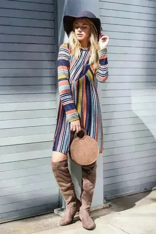 Color Block Stripe Midi Dress - Polyester-Spandex Blend | Femstylo