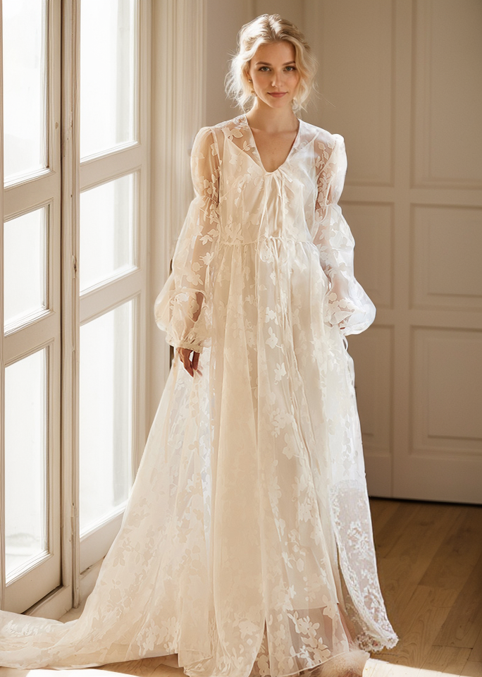Ethereal Lace Long-Sleeve Sheer Bridal Robe Dress with Train