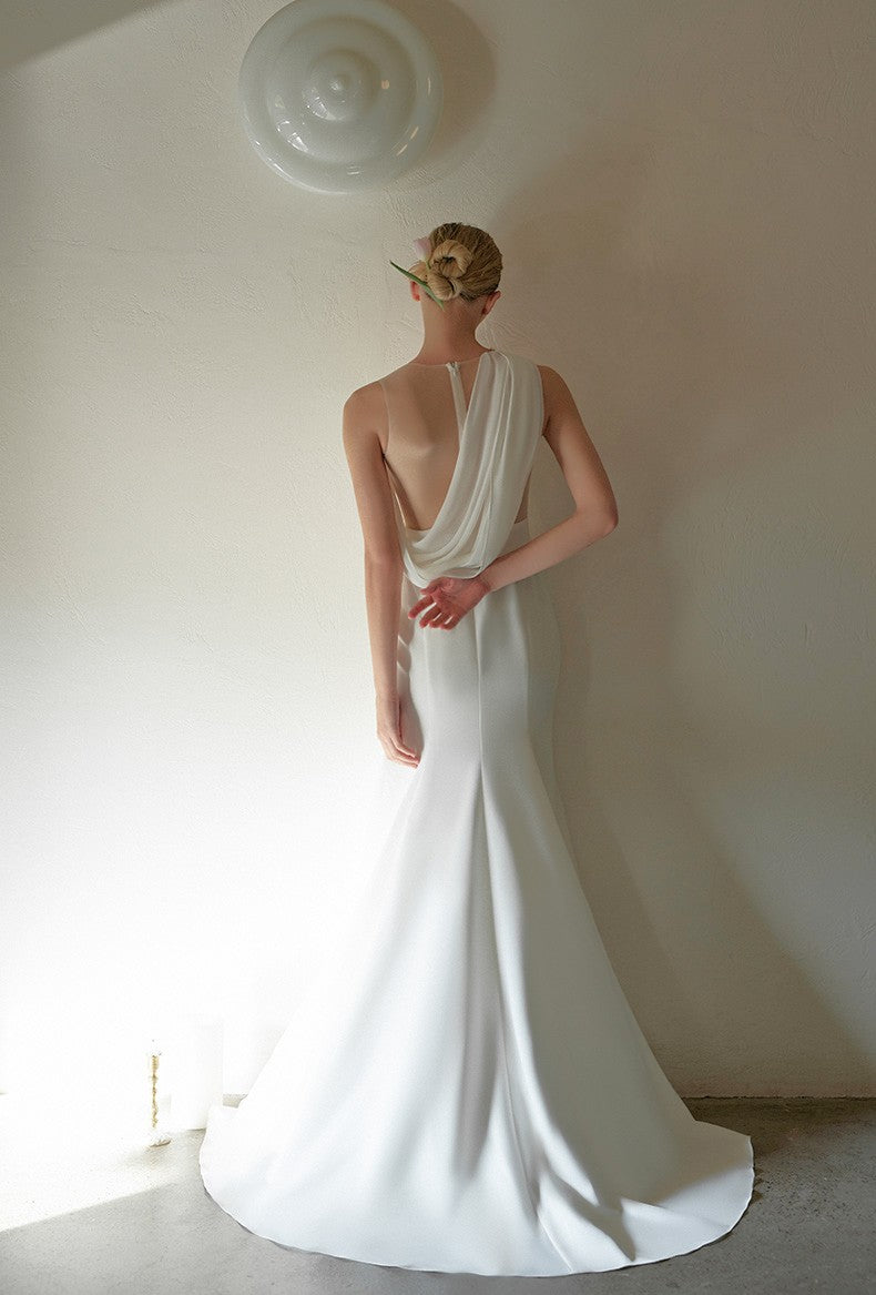 Minimalist One-Shoulder Silky Satin Wedding Dress with Draped Back