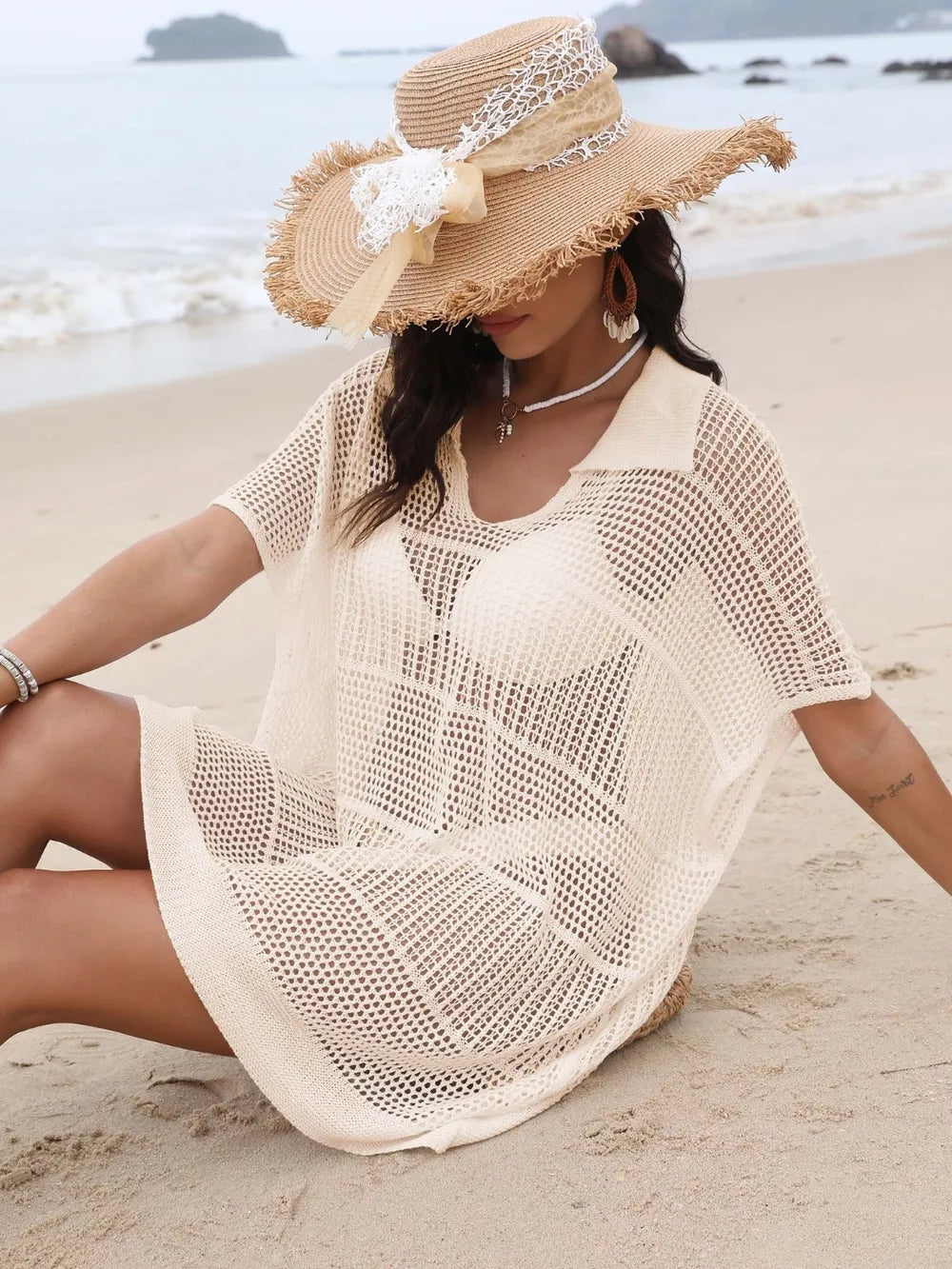 Hollow Out Collared Neck Cover-Up