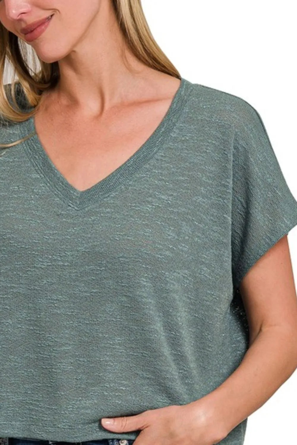 Zenana Hacci Slub V-neck Drop Shoulder Crop Top