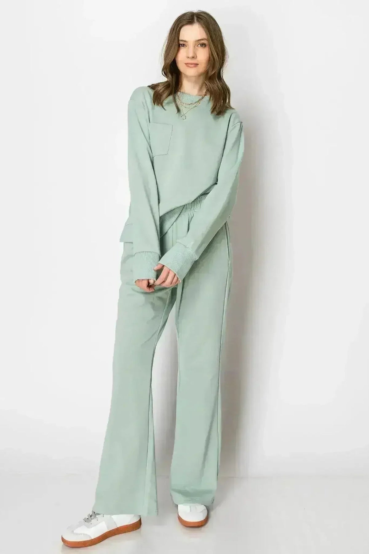 LONG SLEEVE FRENCH TERRY CASUAL COZY FALL LOUNGE SET CREW NECK WIDE