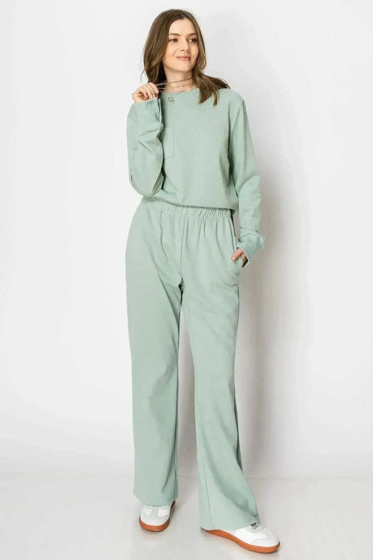 LONG SLEEVE FRENCH TERRY CASUAL COZY FALL LOUNGE SET CREW NECK WIDE