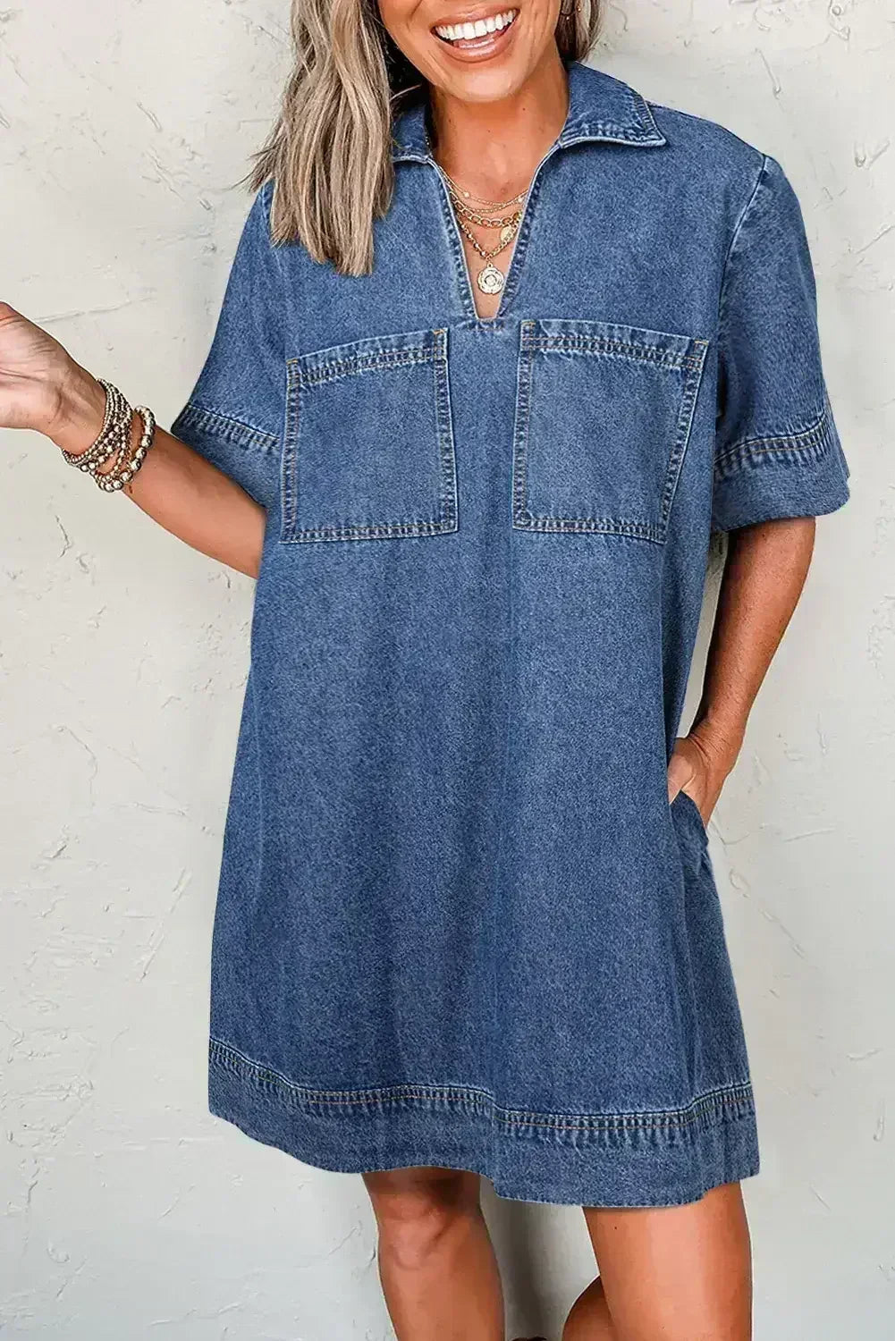 Beau Blue Short Sleeve Collared Chest Pocket Denim Mini Dress