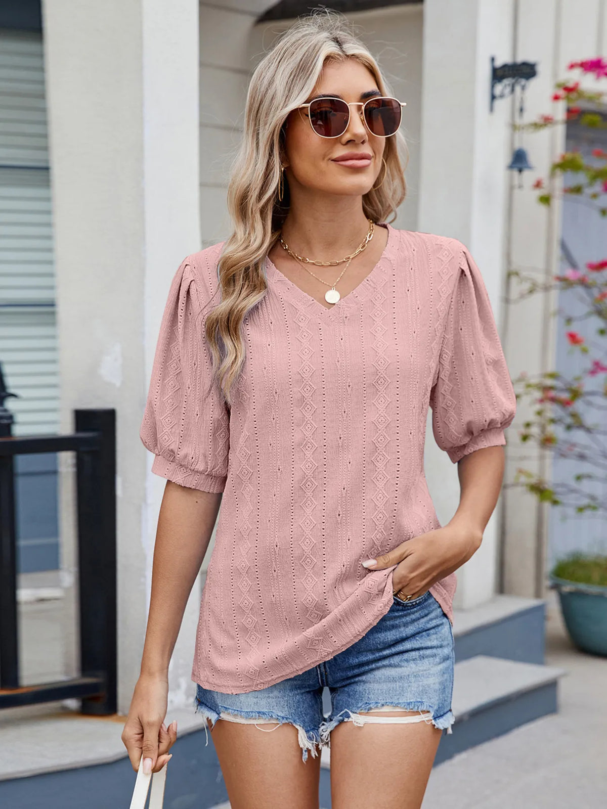 Eyelet V-Neck Puff Sleeve Casual Top