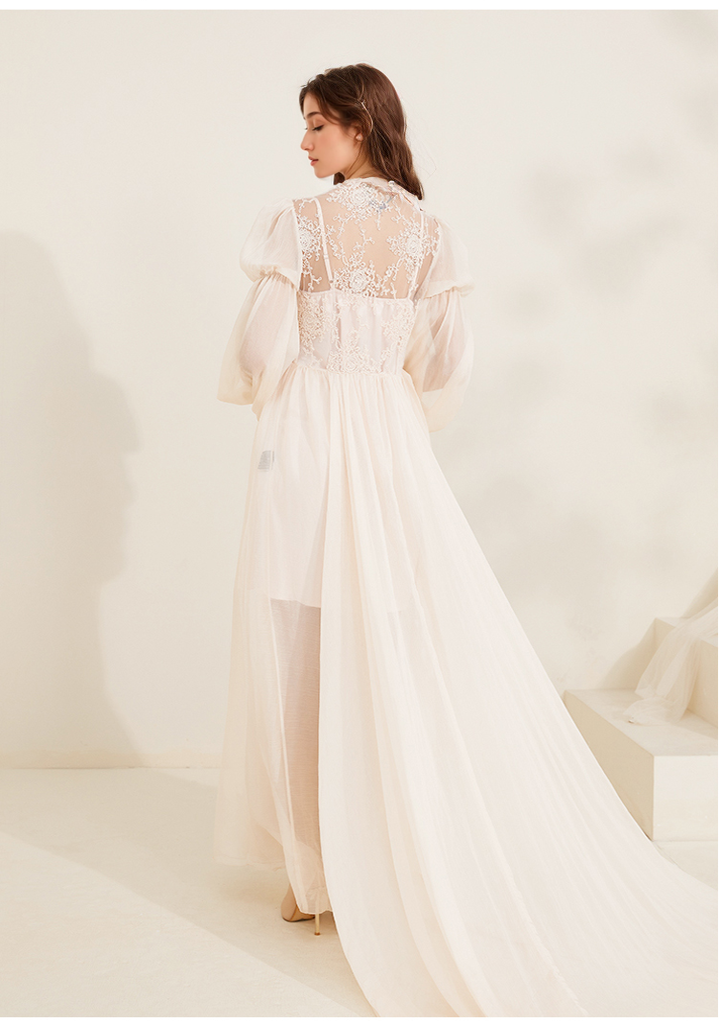 Boho Lace Embroidered Long Sheer Robe Set with Camisole Dress