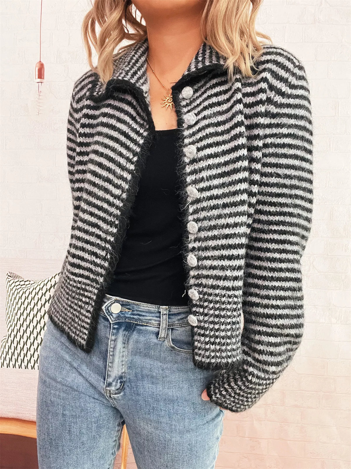 Striped Button-Up Long Sleeve Cardigan