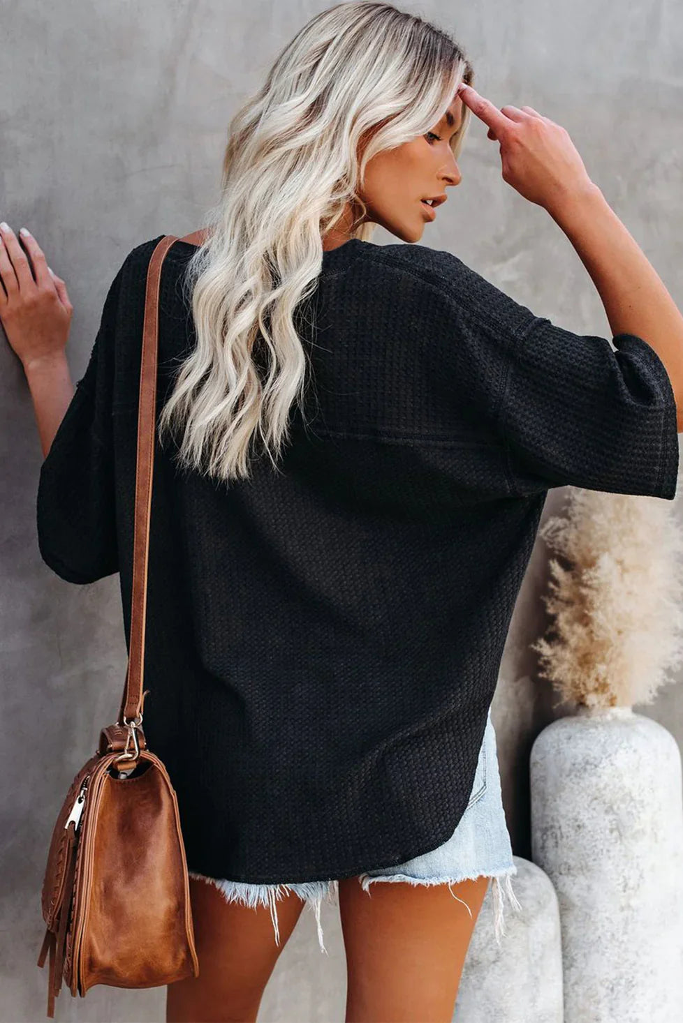 Blue Exposed Seam Drop Sleeve V Neck Waffle Textured Top