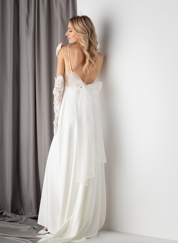 Minimalist Satin Wedding Dress with Delicate Bow Back & Sheer Gloves