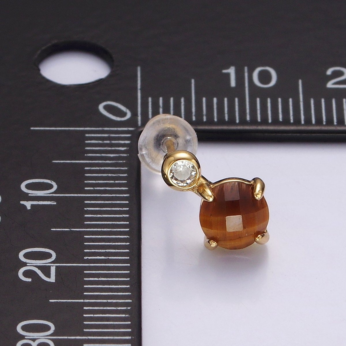 14K Gold Filled 11mm Tiger Eye, Black Agate Multifaceted Round CZ Drop Stud Earrings | V-046 , V-048