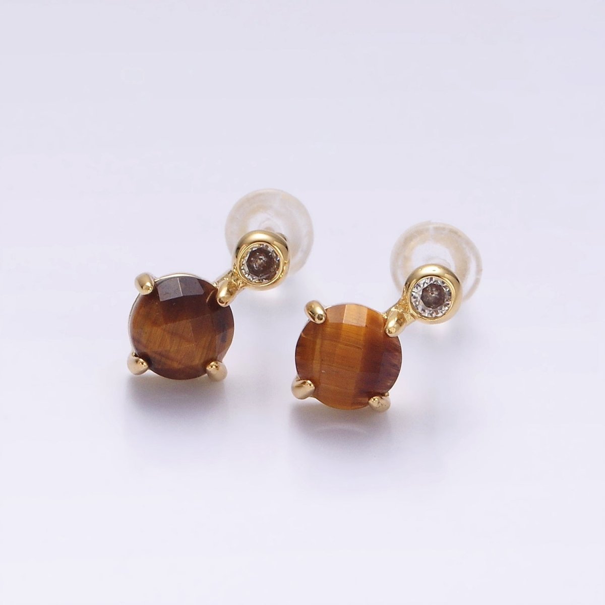 14K Gold Filled 11mm Tiger Eye, Black Agate Multifaceted Round CZ Drop Stud Earrings | V-046 , V-048