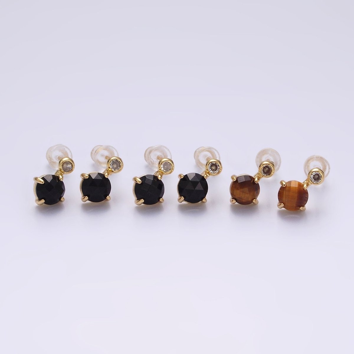 14K Gold Filled 11mm Tiger Eye, Black Agate Multifaceted Round CZ Drop Stud Earrings | V-046 , V-048
