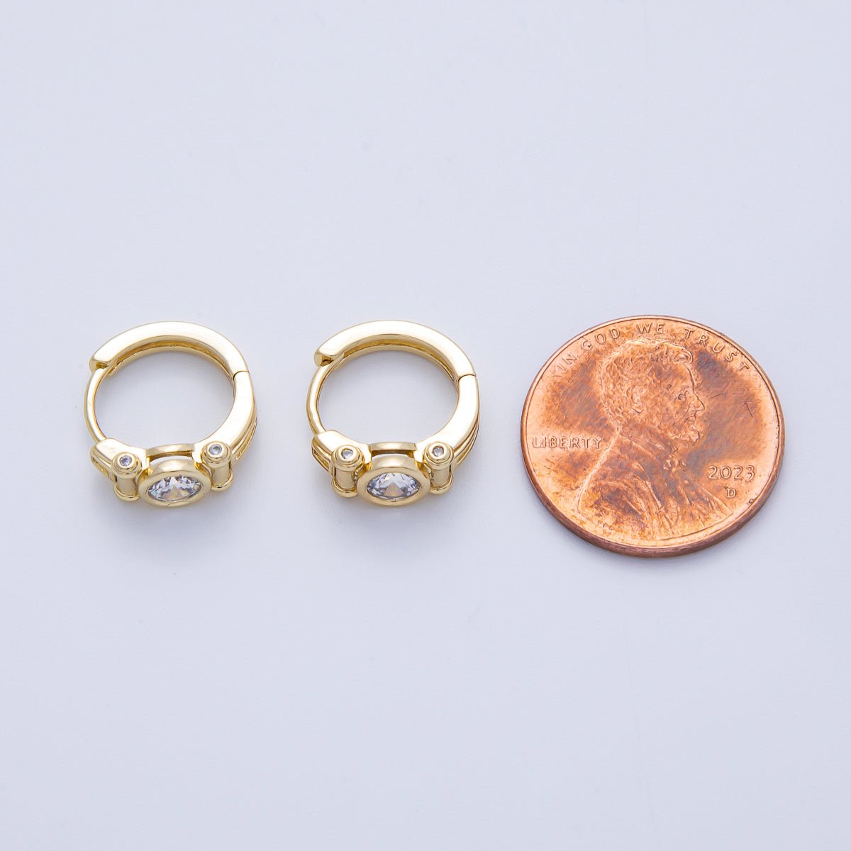 14K Gold Filled 12.5mm Clear CZ Round Bezel Geometric Huggie Earrings | Earrings-00103