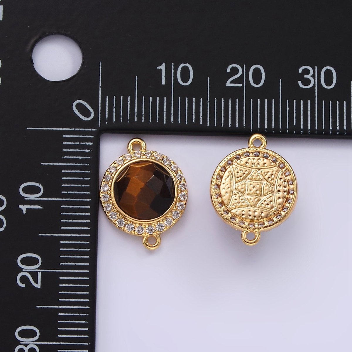 14K Gold Filled 12mm Multifaceted Natural Gemstone Micro Paved CZ Round Connector | G143 - G151