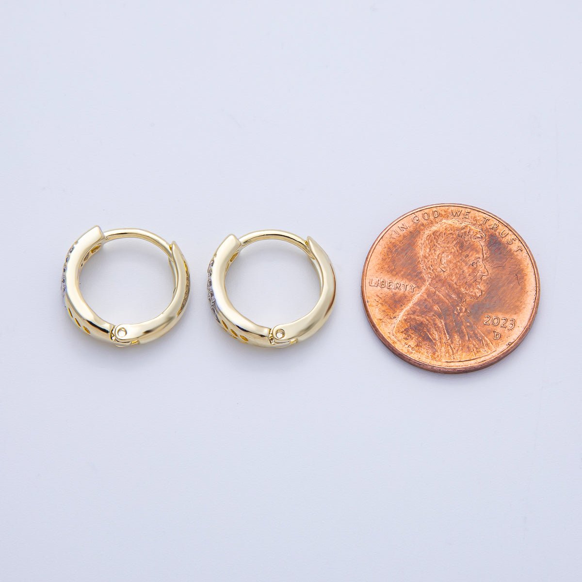 14K Gold Filled 13.5mm Micro Paved CZ Filigree Mixed Metal Huggie Earrings | Earrings-00061