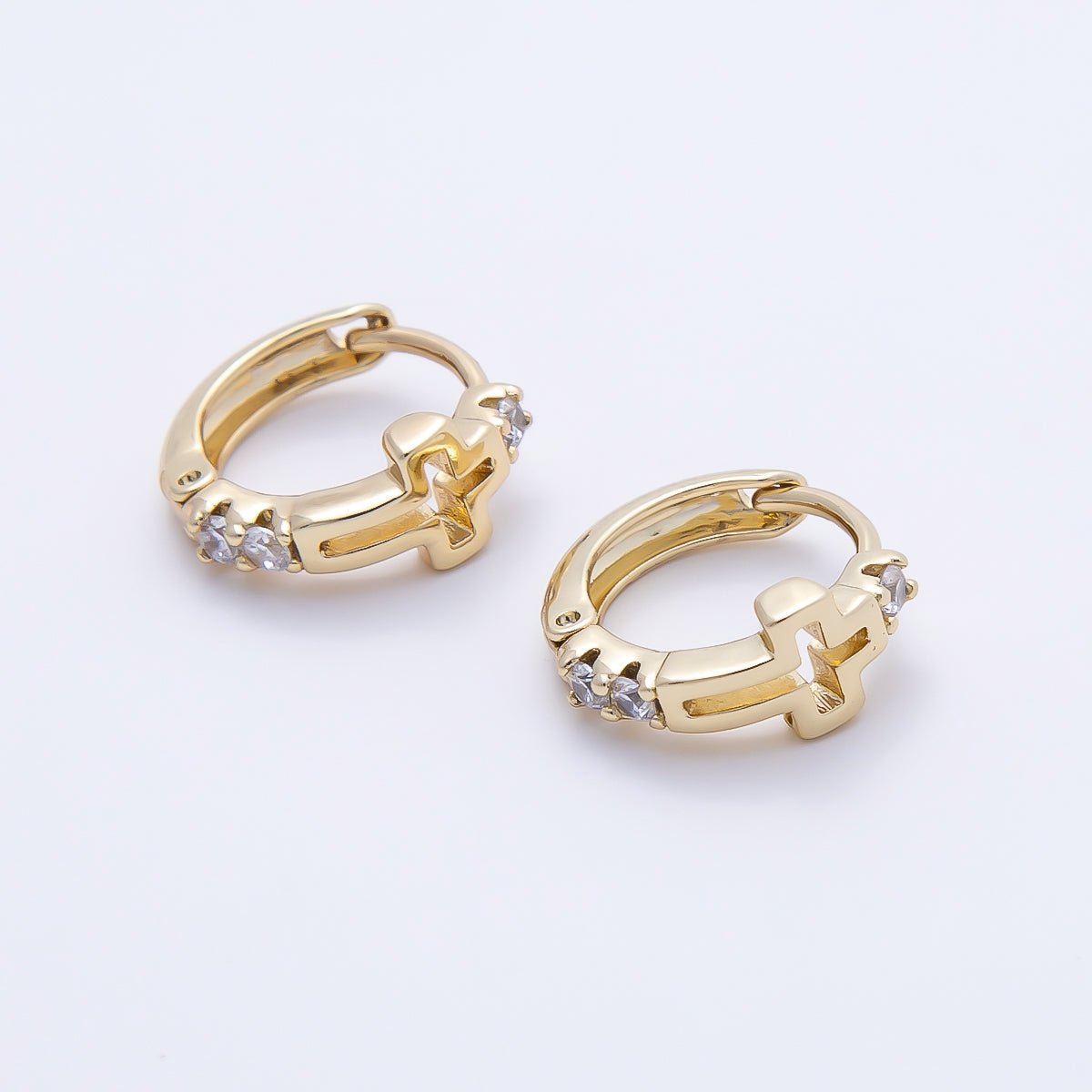 14K Gold Filled 13.5mm Open Cross Outline Micro Paved CZ Huggie Earrings | Earrings-00642