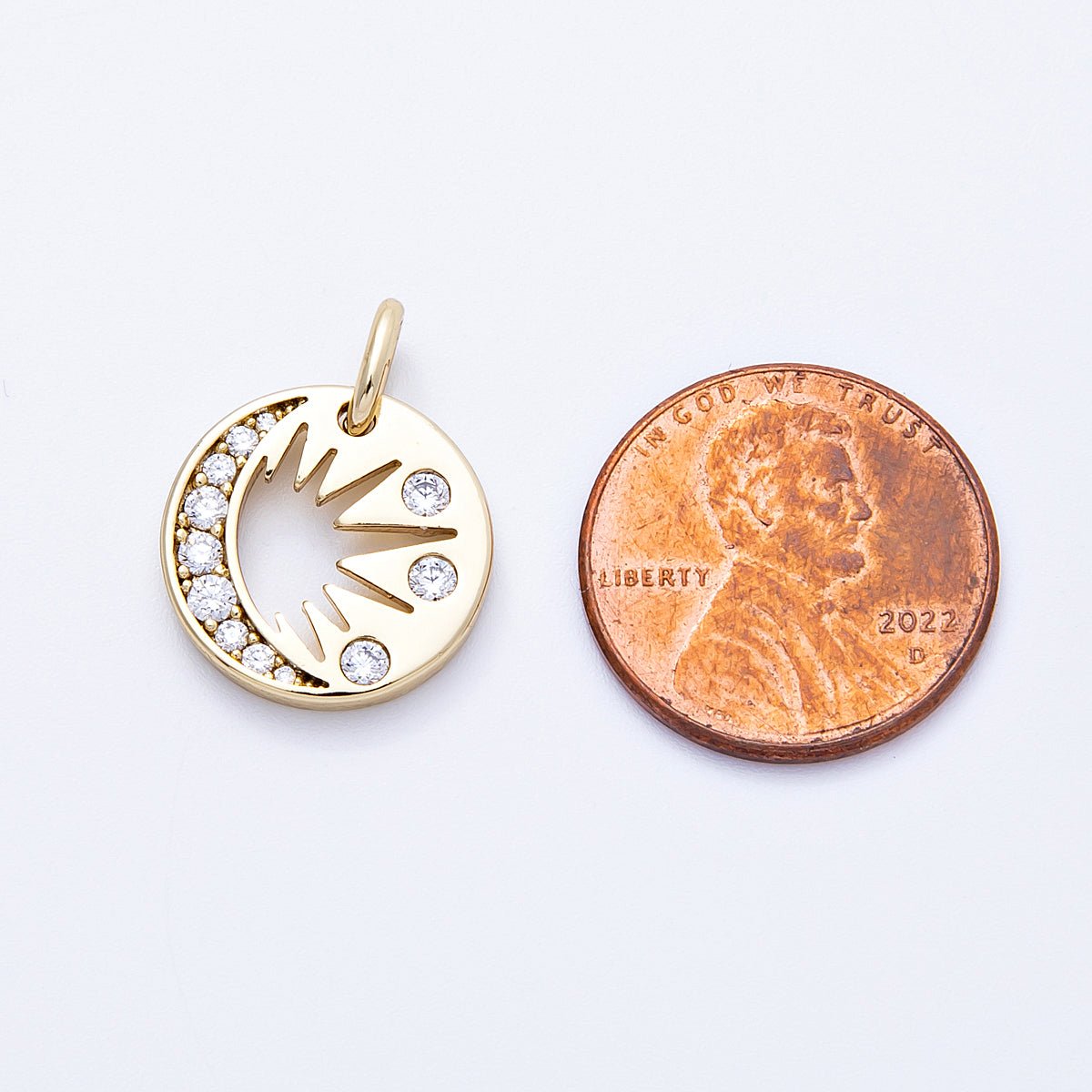 14K Gold Filled 15mm Micro Paved CZ Celestial Moon Sun Round Charm | Charms-000328