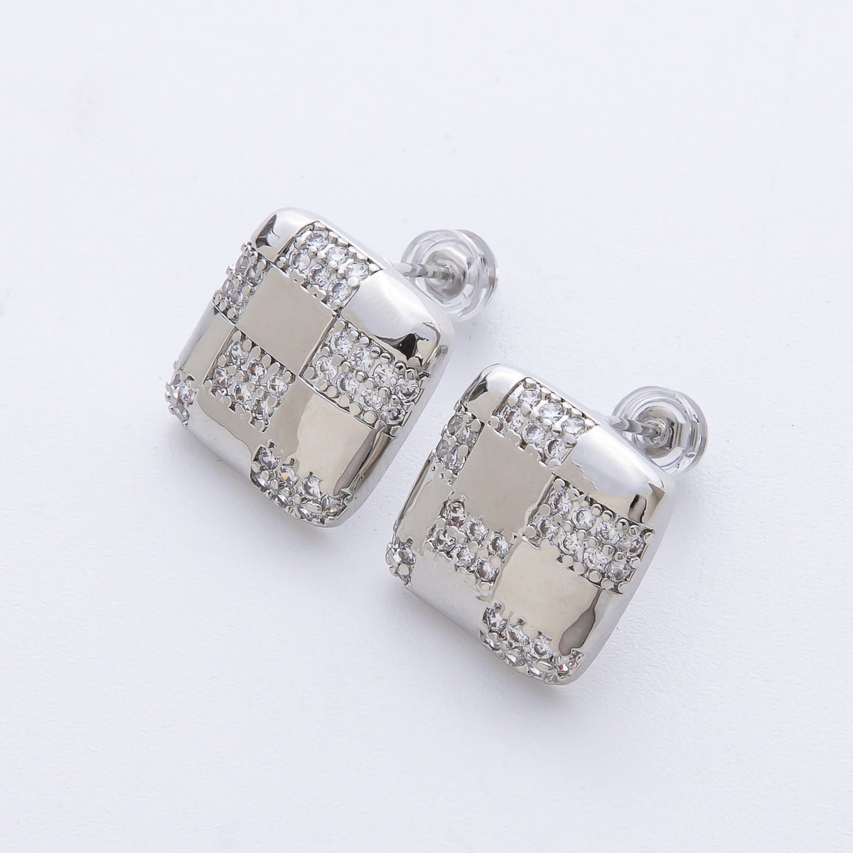14K Gold Filled 15mm Micro Paved CZ Checkered Square Stud Earrings in Gold & Silver | Earrings-00021 Earrings-00022