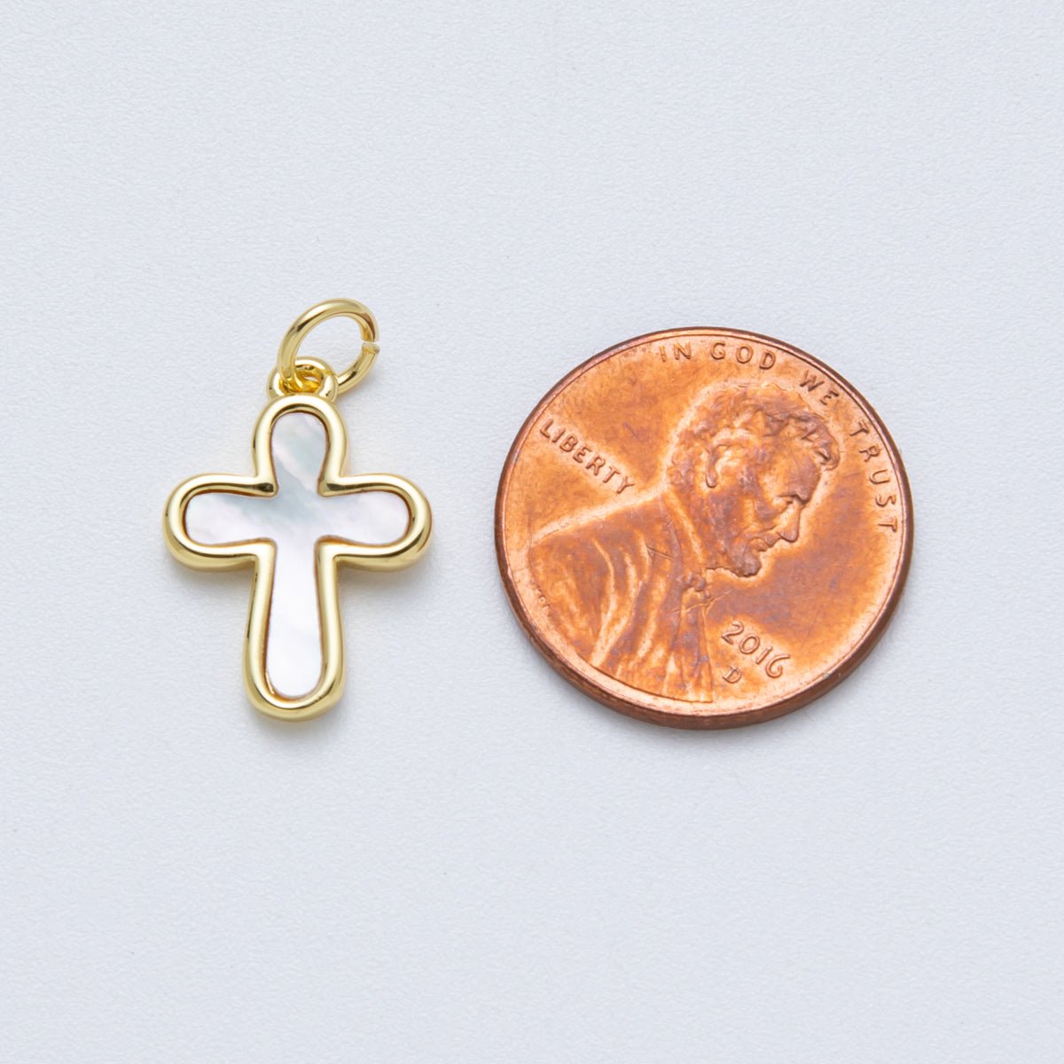 14K Gold Filled 17.2mm Shell Pearl Minimalist Religious Cross Charm | Charms-00040
