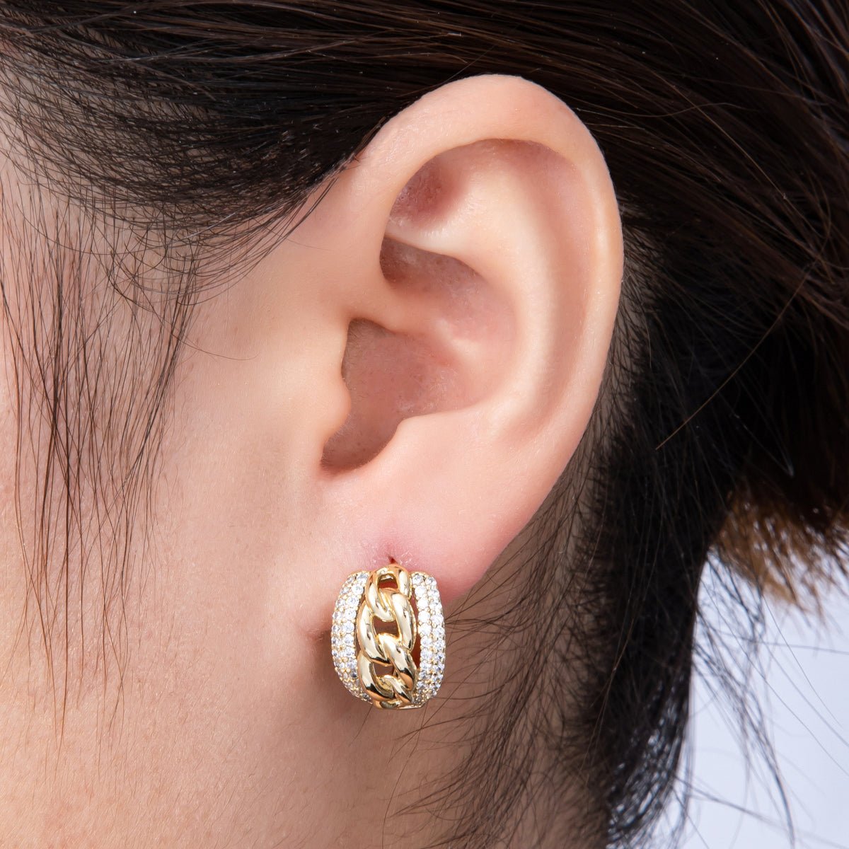 14K Gold Filled 17.5mm Micro Paved CZ Curb Chain Huggie Earrings | Earrings-00144