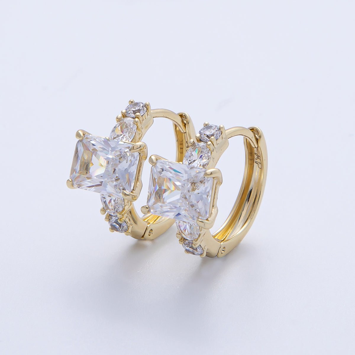 14K Gold Filled 18.8mm Clear CZ Baguette Gradient Huggie Earrings | Earrings-00081