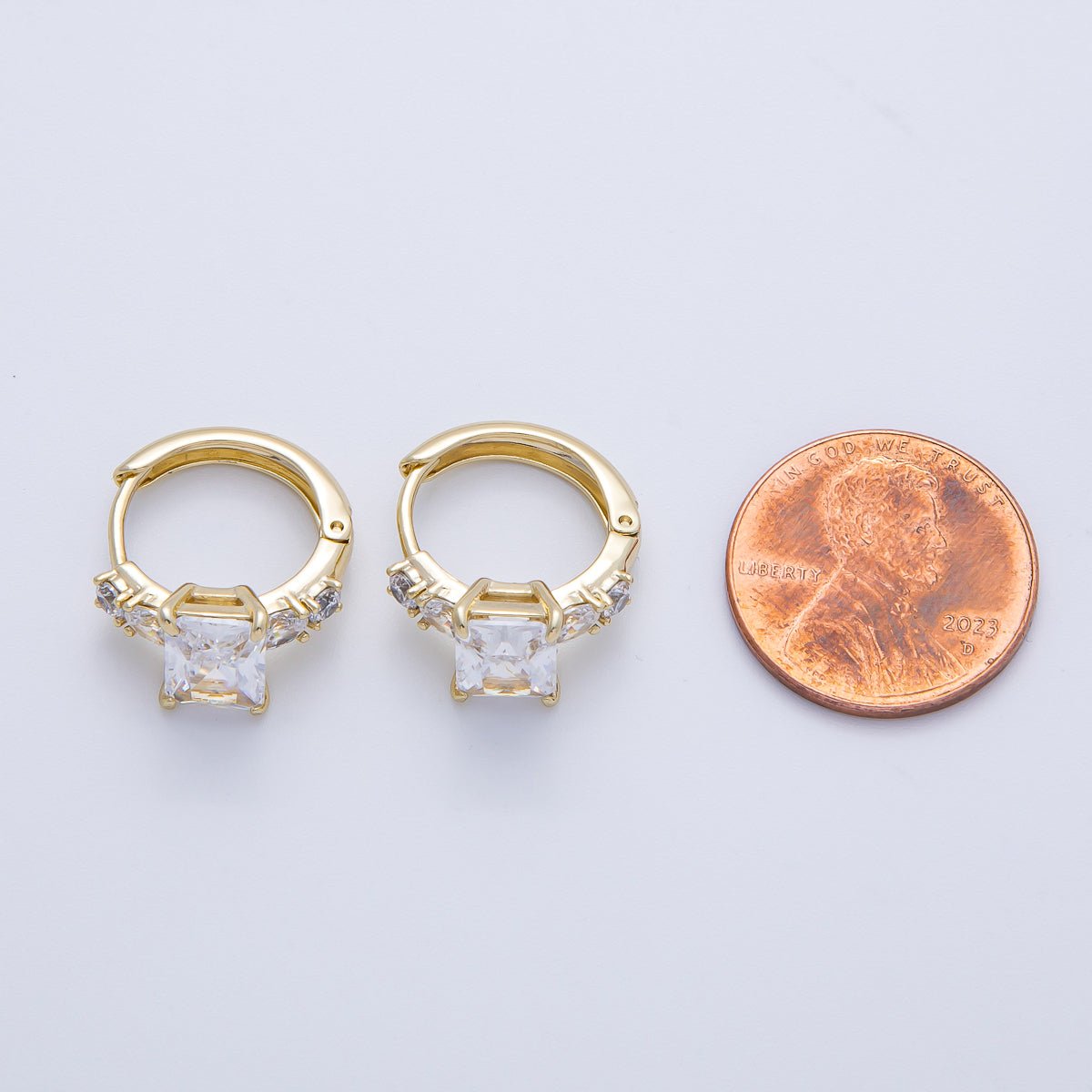 14K Gold Filled 18.8mm Clear CZ Baguette Gradient Huggie Earrings | Earrings-00081