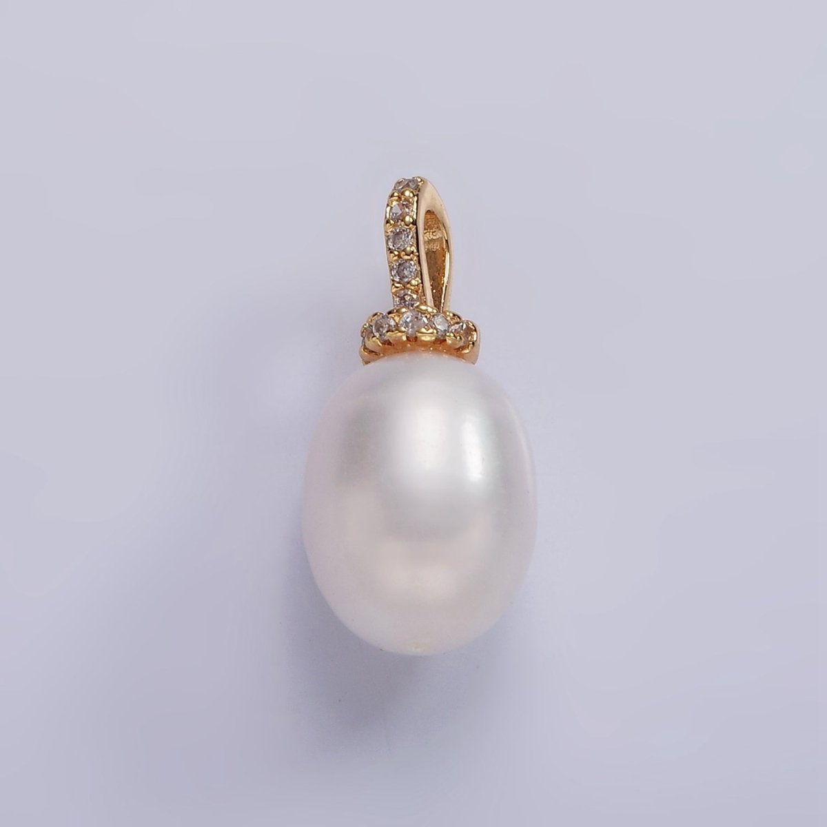 14K Gold Filled 20mm Freshwater Pearl Button Drop Micro Paved CZ Bail Pendant | P1628