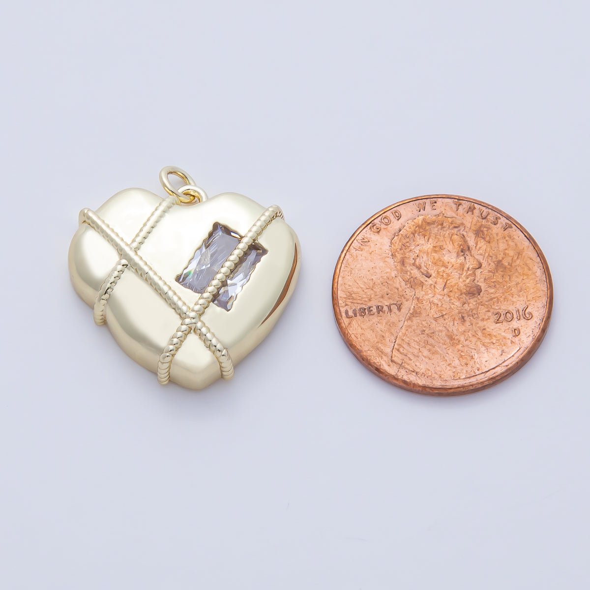 14K Gold Filled 20mm Clear Baguette CZ Rope Tied Chubby Heart Charm | AF1480