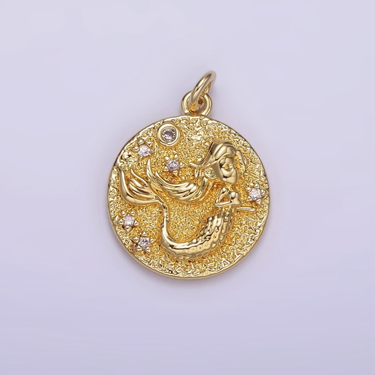 14K Gold Filled 20mm Mermaid Celestial Star CZ Hammered Round Charm | AG266