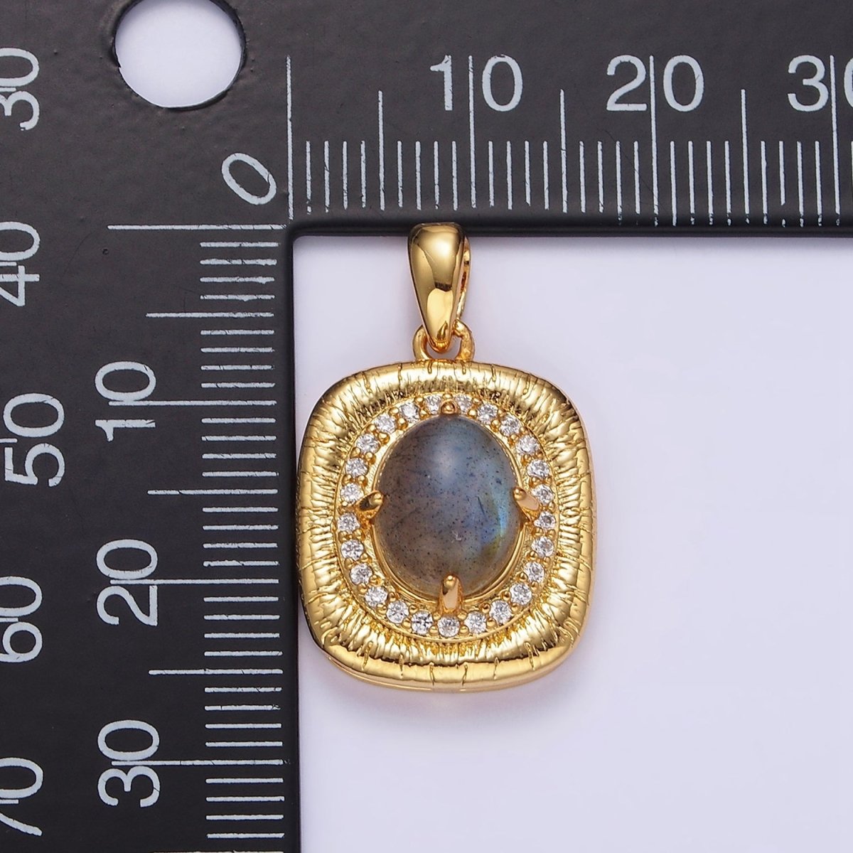 14K Gold Filled 21mm Moonstone, Labradorite, Blue Agate Oval Micro Paved CZ Lined Pendant | AA-689 - AA-691