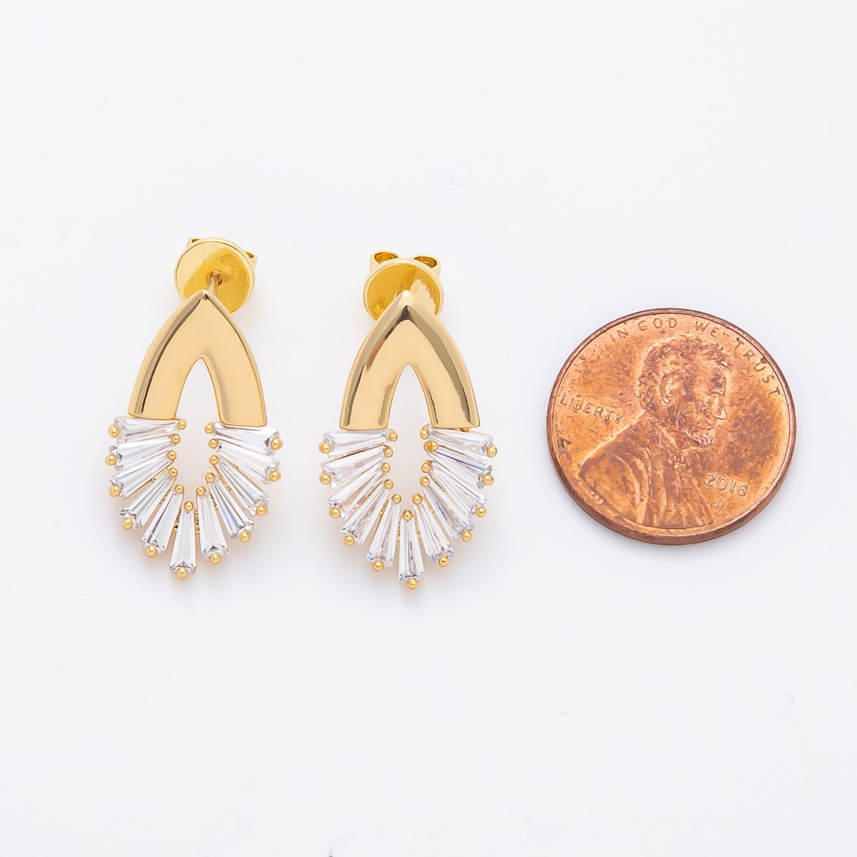 14K Gold Filled 23mm Clear CZ Triangle Baguette Open Navette Geometric Stud Earrings | AJ242