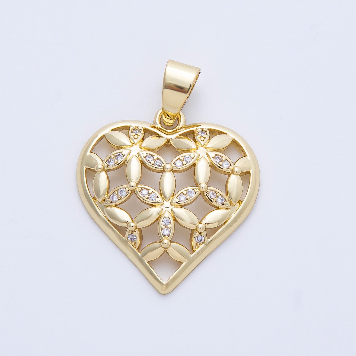 14K Gold Filled 23mm Micro Paved CZ Flower Heart Open Charm | Charms-00062