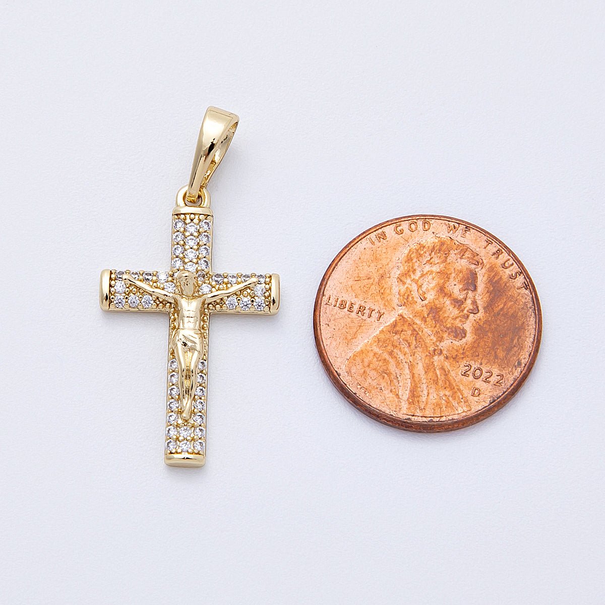 14K Gold Filled 24.5mm Micro Paved CZ Crucifix Religious Cross Pendant | Charms-00220