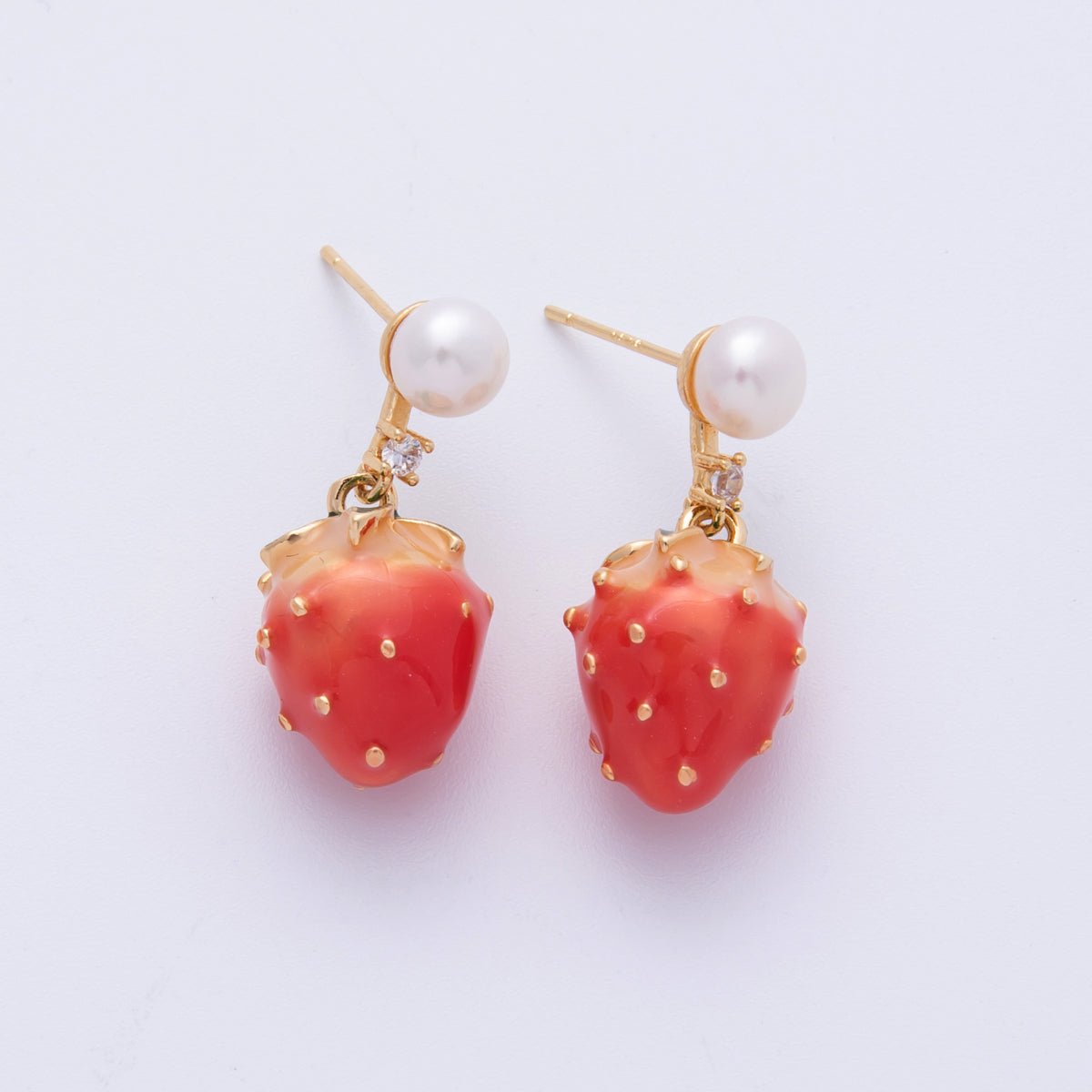 14K Gold Filled 24.5mm Strawberry Enamel Shell Pearl Drop Stud | Earrings-00014