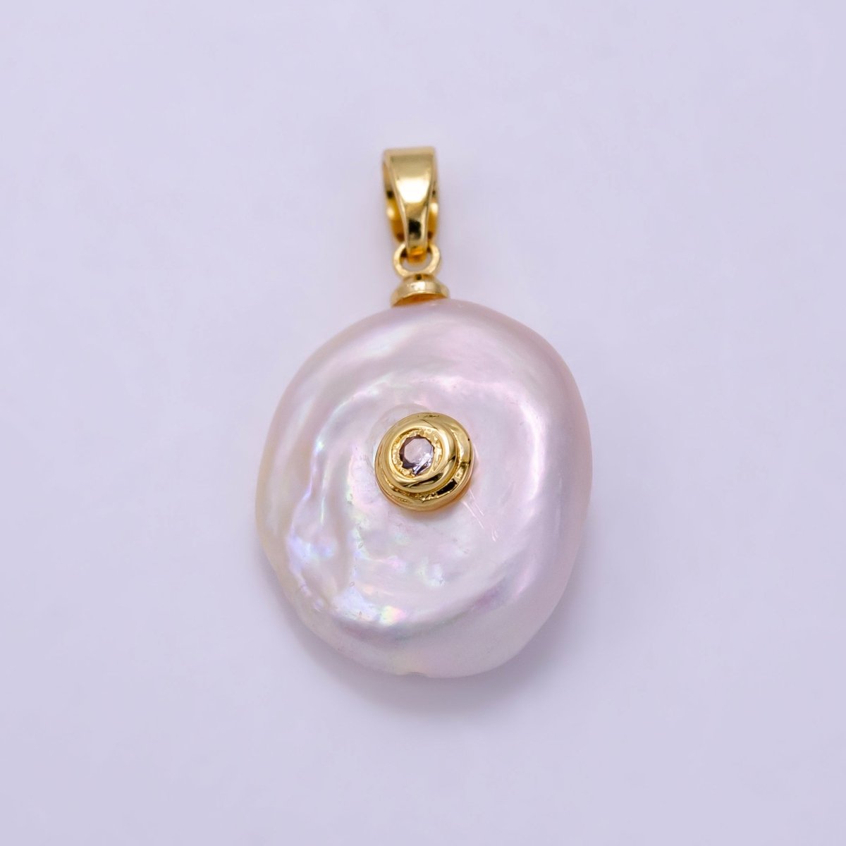 14K Gold Filled 25mm Blue, Clear CZ Keshi Freshwater Pearl Pendant | P1740