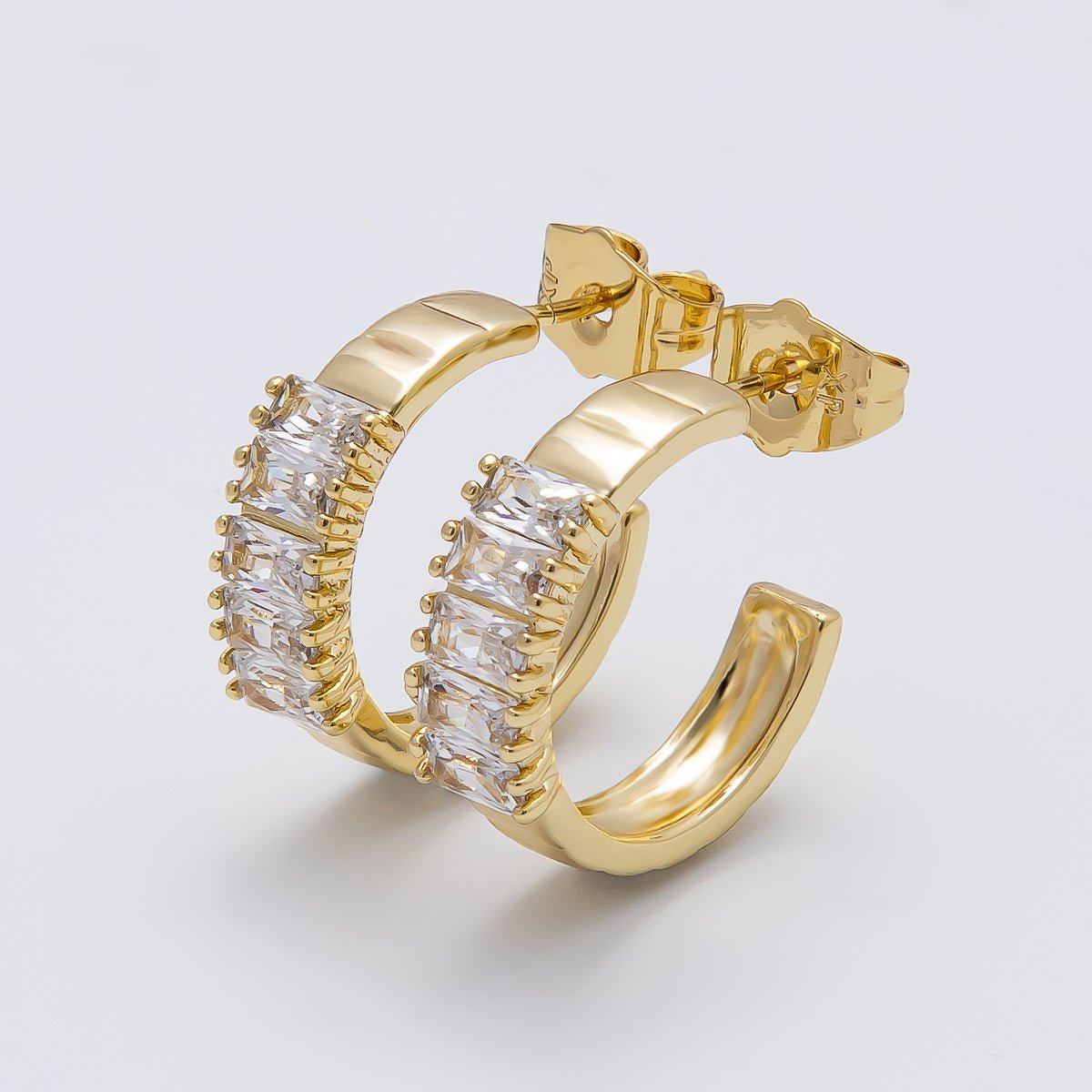14K Gold Filled 25mm Clear CZ Baguette C-Shaped Hoop Earrings | Earrings-00272