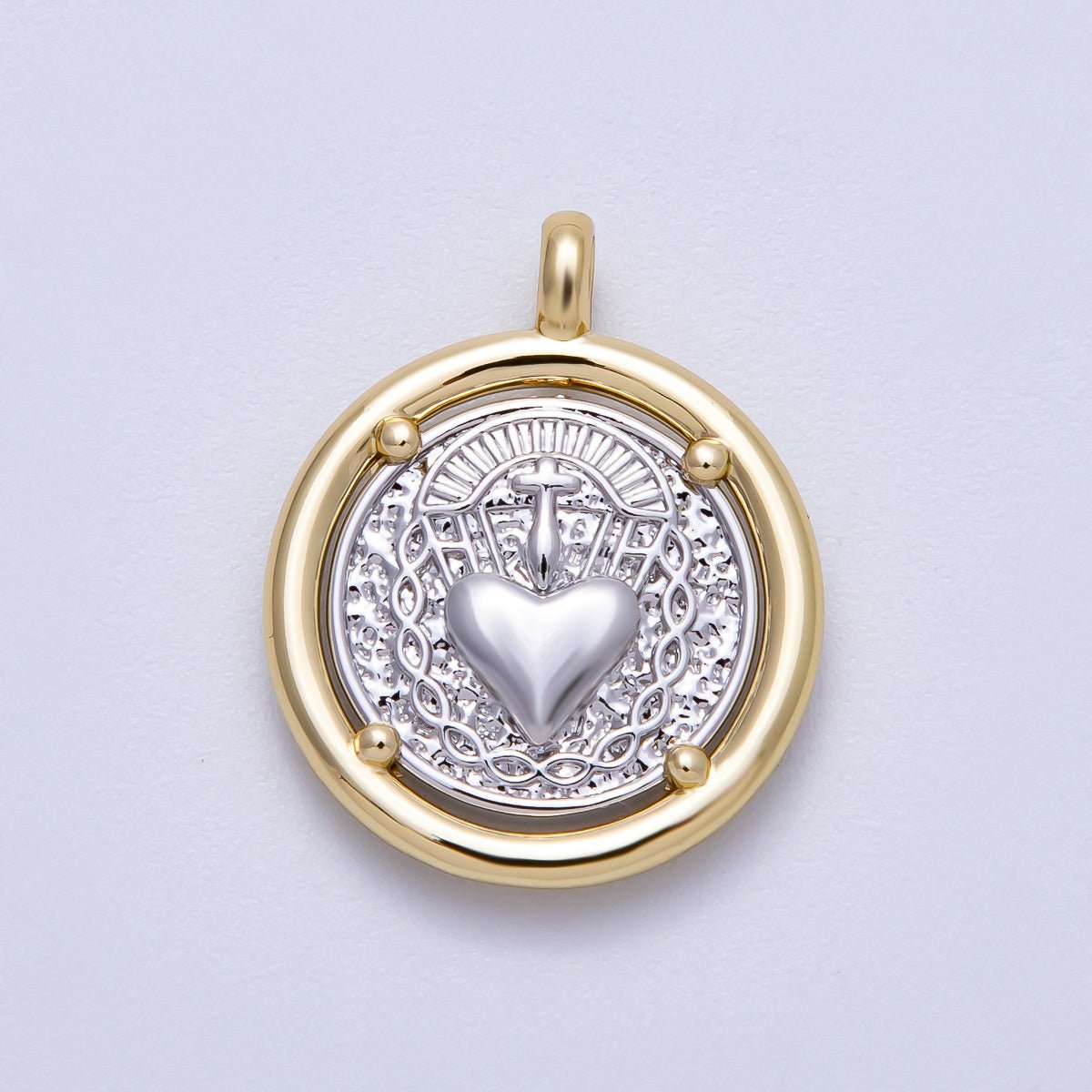 14K Gold Filled 25mm Textured Religious Sacred Heart Round Charm | Charms-00574