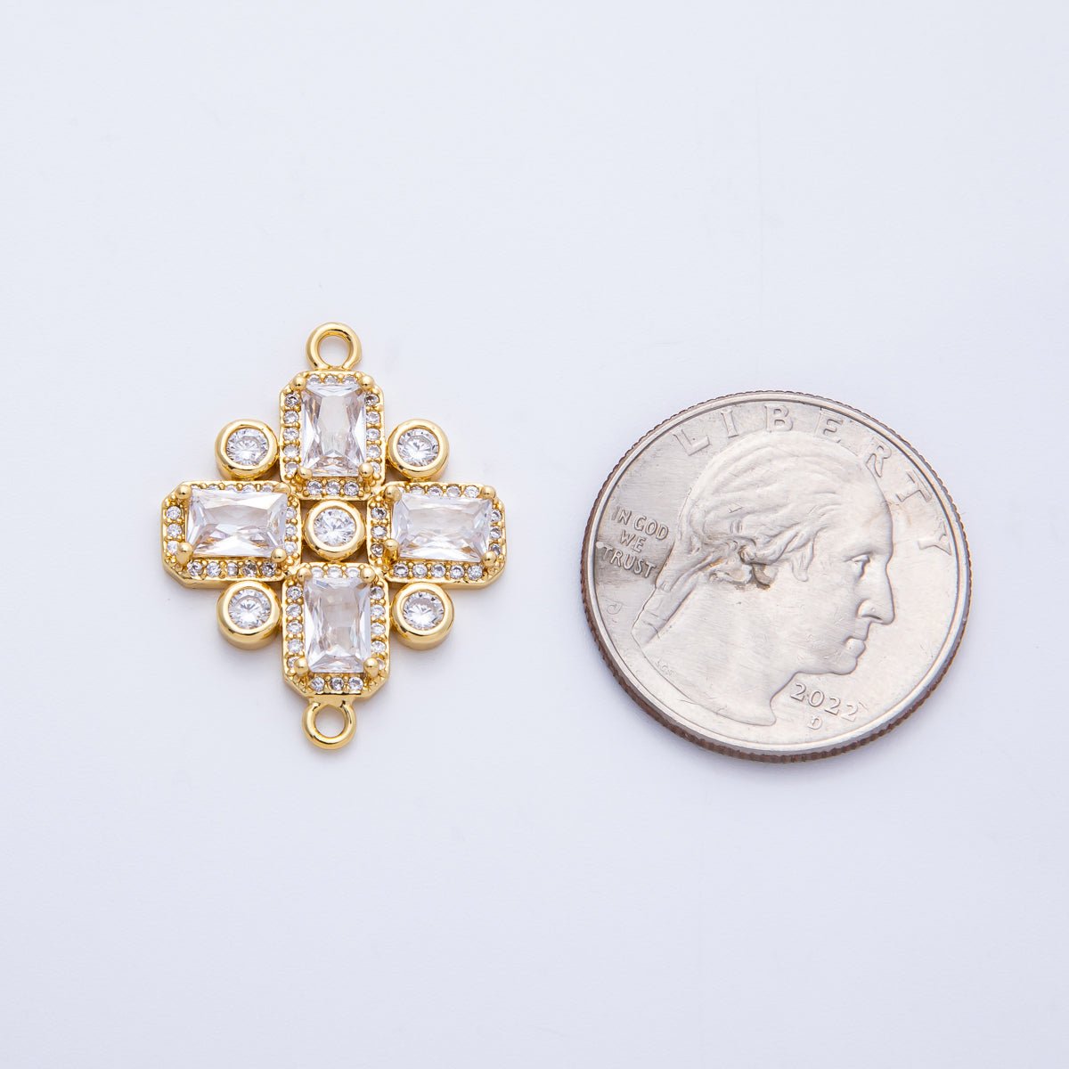 14K Gold Filled 28mm Clear CZ Baguette Micro Paved Geometric Connector | Connectors-00007