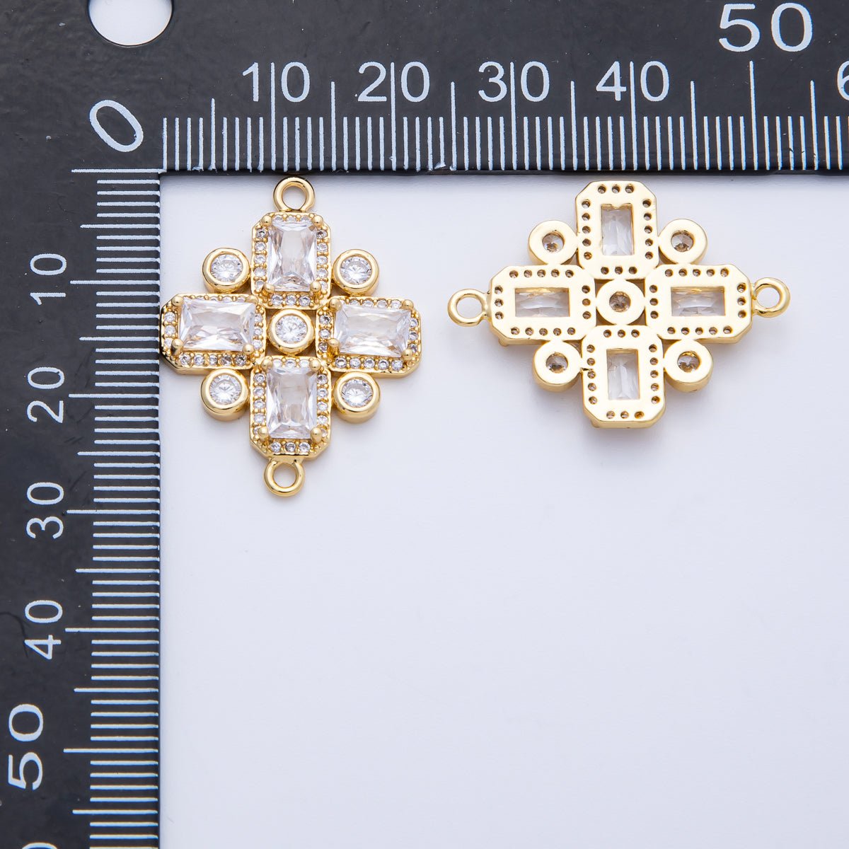 14K Gold Filled 28mm Clear CZ Baguette Micro Paved Geometric Connector | Connectors-00007