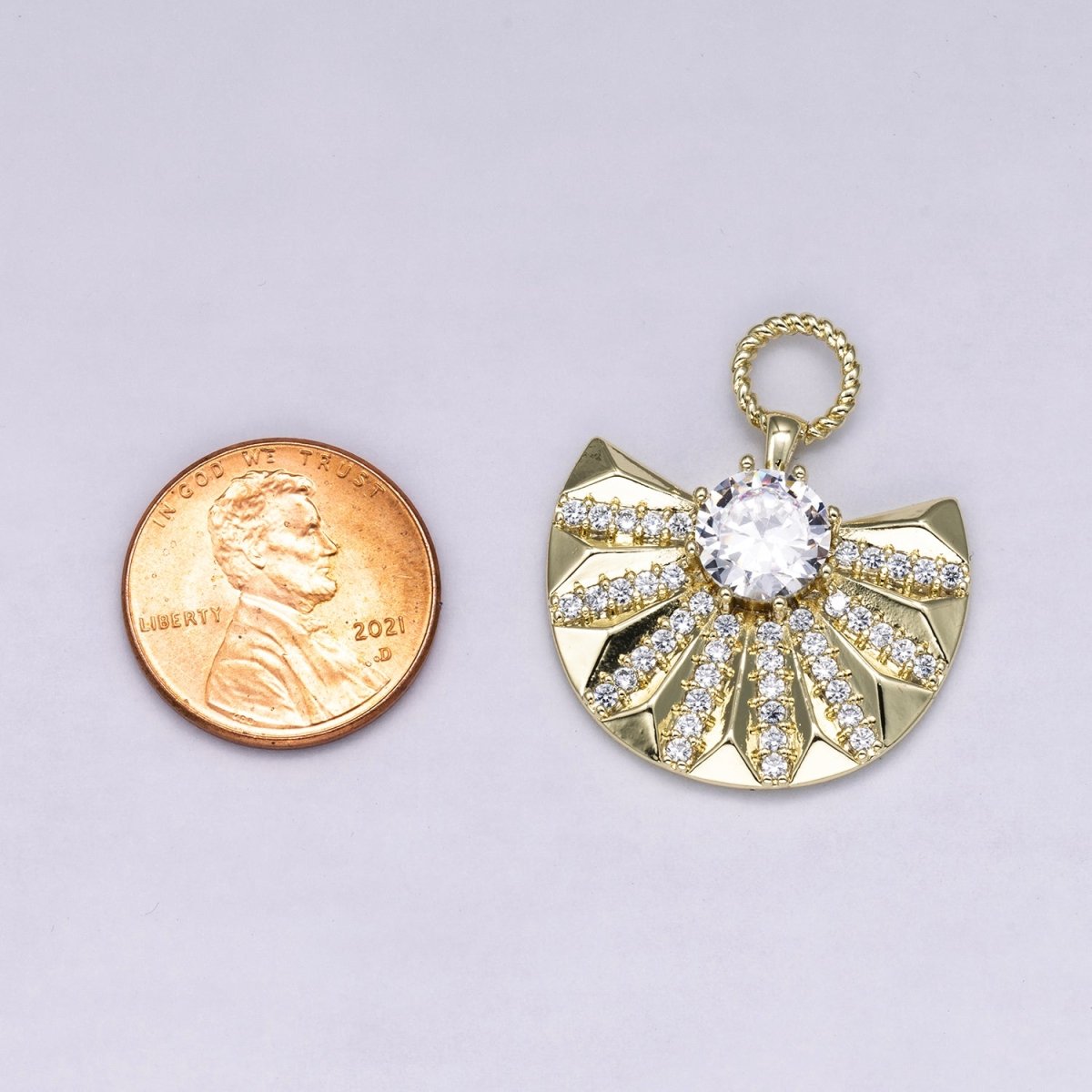 14K Gold Filled 29mm Micro Paved CZ Sunburst Fan Drop Pendant | Charms-00486