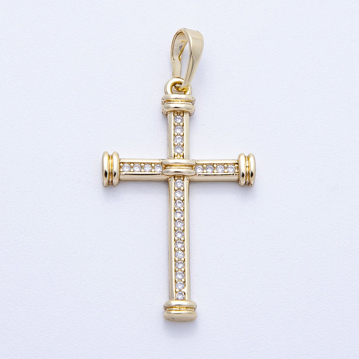 14K Gold Filled 33mm Micro Paved CZ Tube Band Religious Cross Pendant | Charms-00430