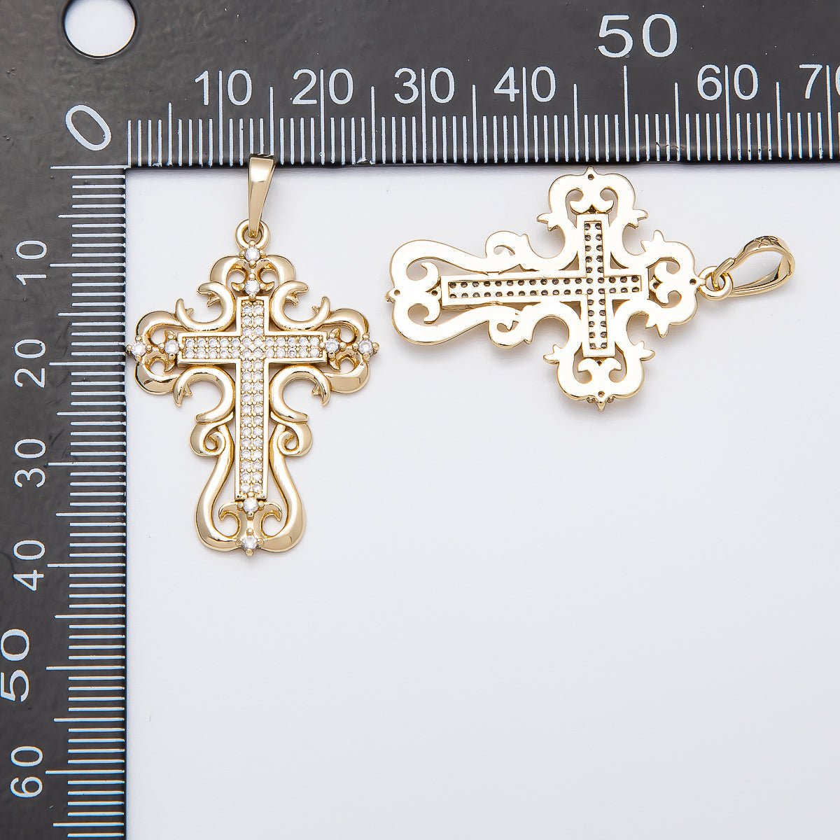 14K Gold Filled 34mm Micro Paved CZ Artisan Geometric Religious Cross Pendant | Charms-00518