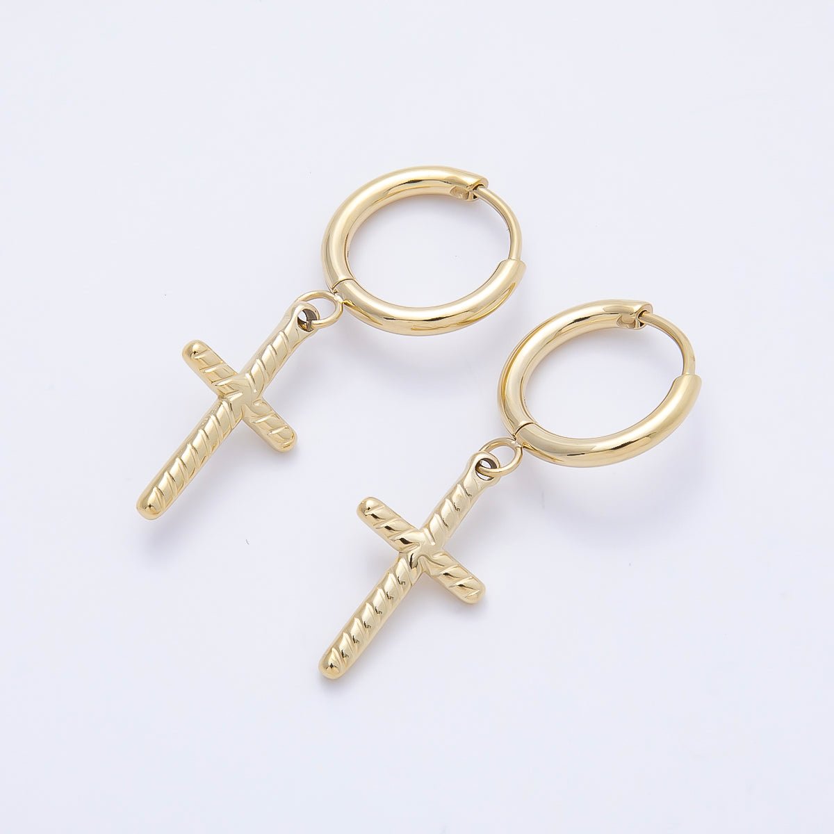 14K Gold Filled 35mm Ribbed Religious Cross Drop Huggie Earrings | Earrings-00647
