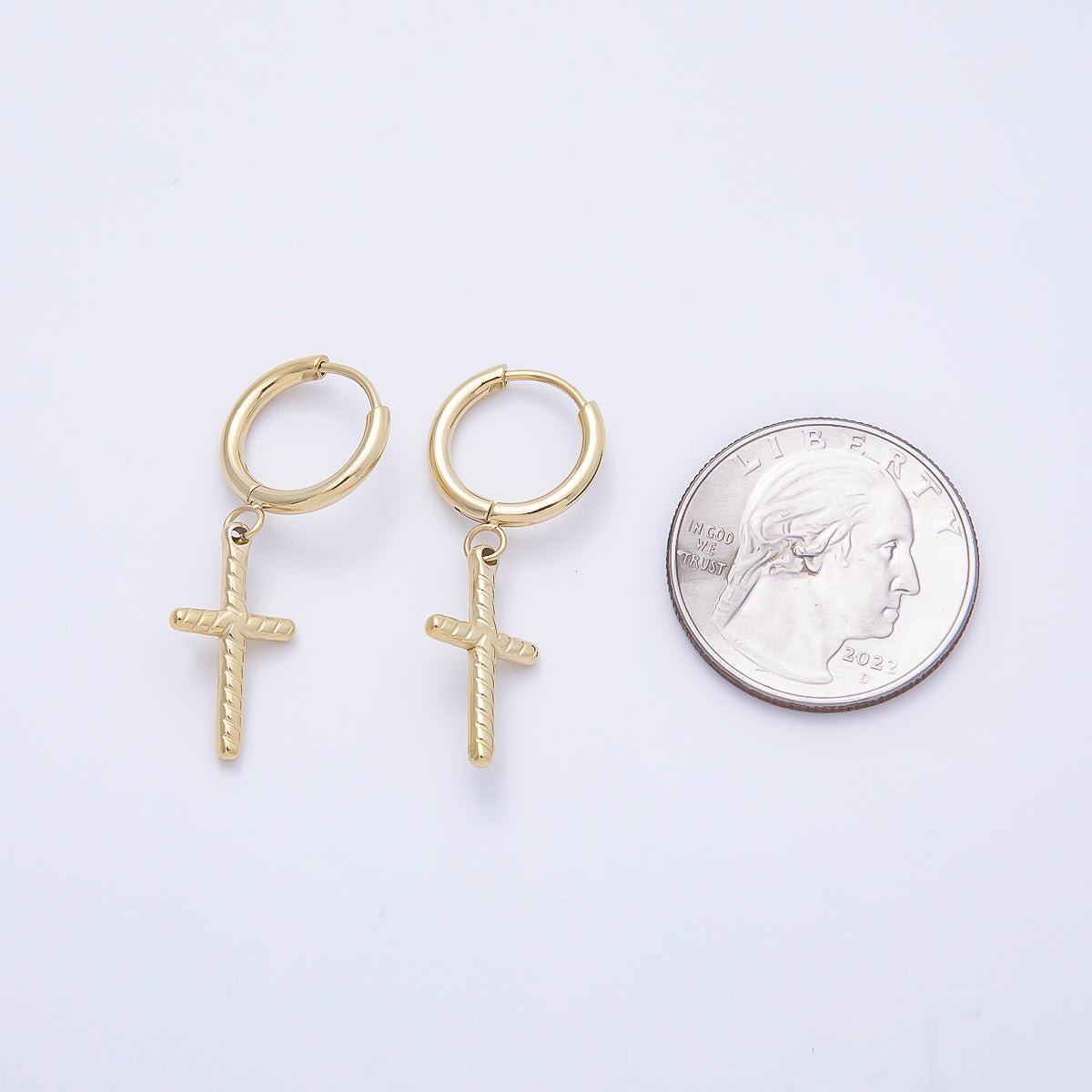14K Gold Filled 35mm Ribbed Religious Cross Drop Huggie Earrings | Earrings-00647