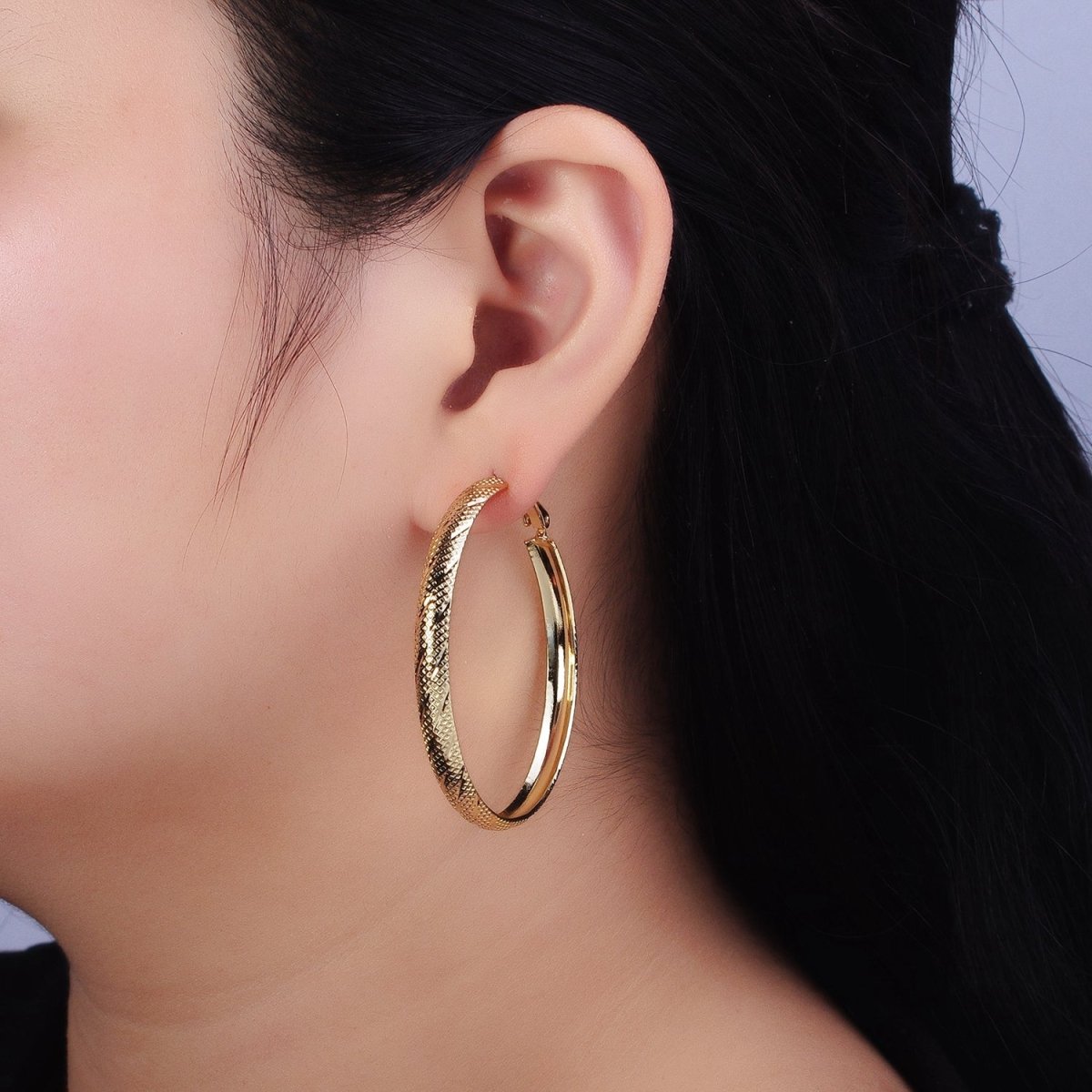 14K Gold Filled 40mm, 50mm Rhombus Lined Textured Hinge Hoop Earrings | AE057 AE058