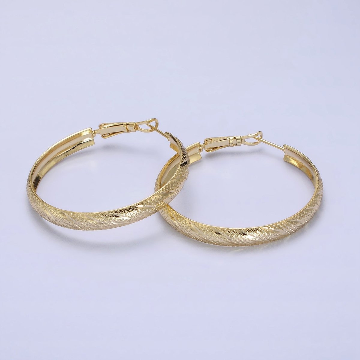 14K Gold Filled 40mm, 50mm Rhombus Lined Textured Hinge Hoop Earrings | AE057 AE058