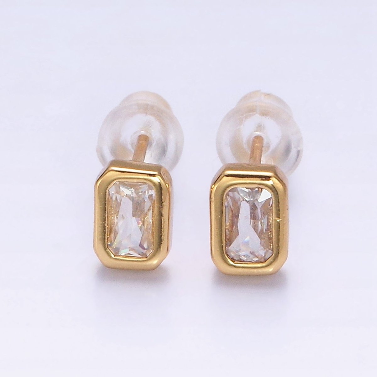 14K Gold Filled Blue, Clear, Fuchsia, Red, Pink Multifaceted Baguette CZ Bezel Stud Earrings | AD-448~AD-452