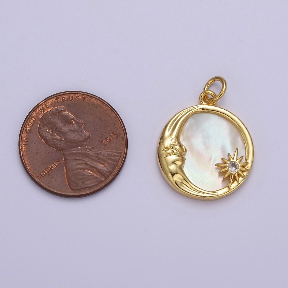 14K Gold Filled Celestial Crescent Moon Star Mother of Pearl Round Charm E-656